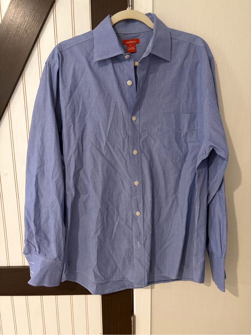 Sundance Mens Large Cotton Blue & White Stripes Long Sleeve Button Front Shirt
